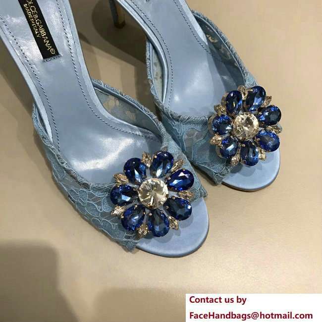 Dolce  &  Gabbana Heel 7cm Slippers Light Blue In Lace With Crystals 2018